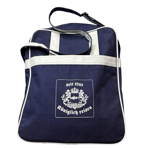 VTG 70s German Royal Travel Canvas Shoulder Tote Crossbody Bag Navy & White - Picture 1 of 10